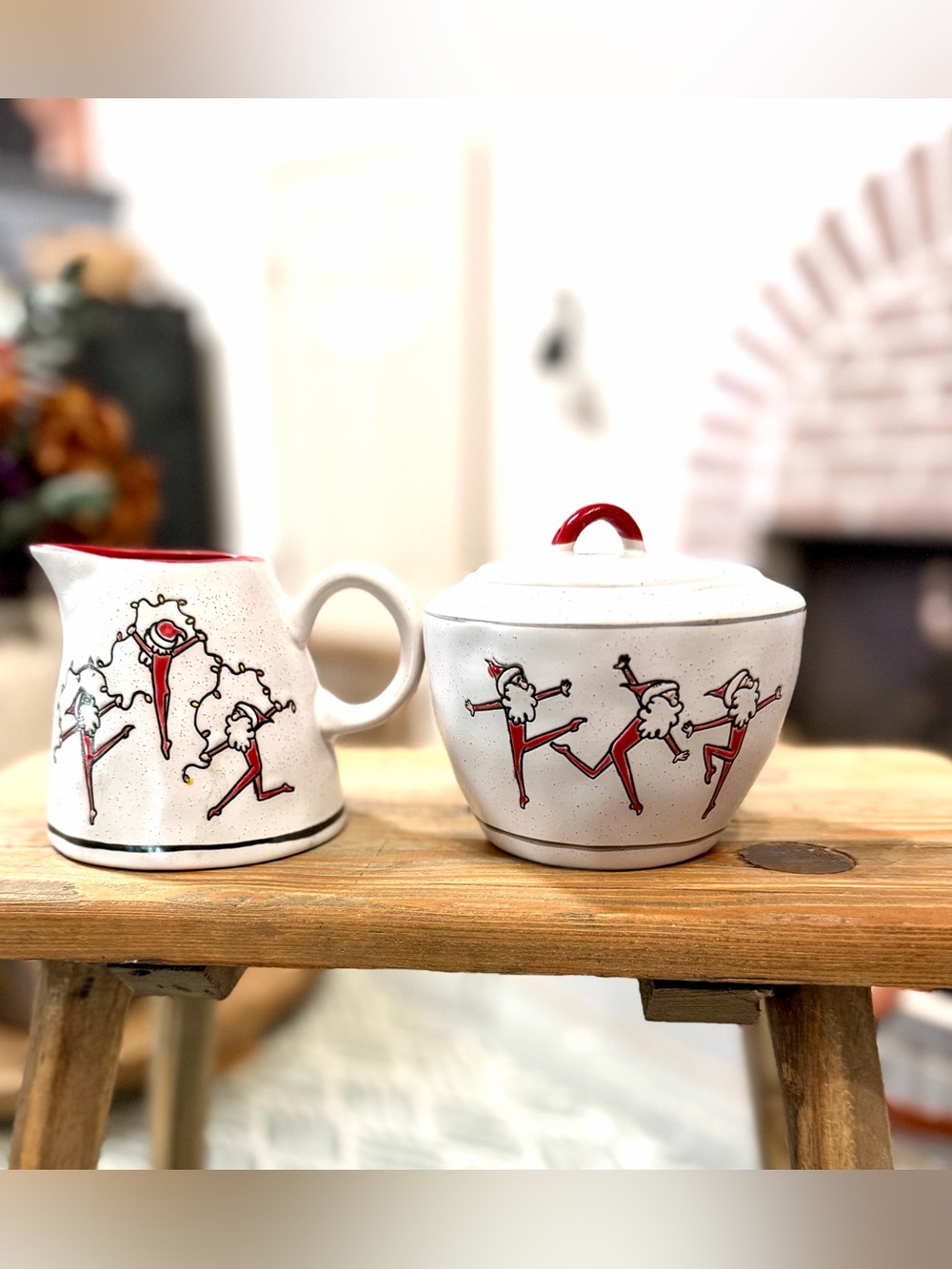 Festive White Ceramic Sugar Bowl & Creamer Set with Red Holiday Accents